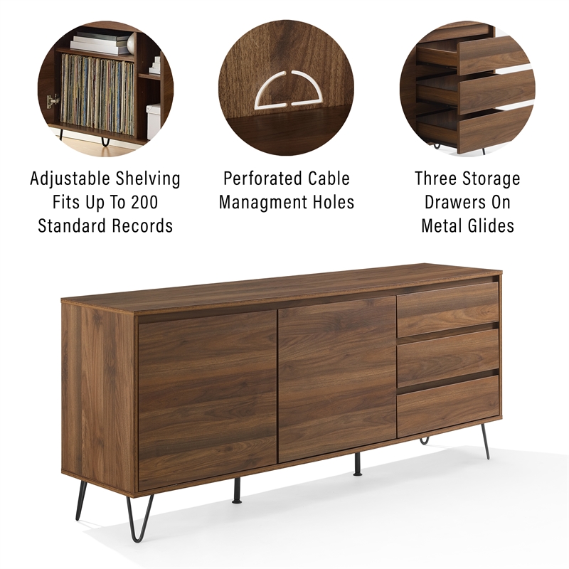 Crosley Furniture Teagan Wood Record Storage Sideboard in Brown Oak