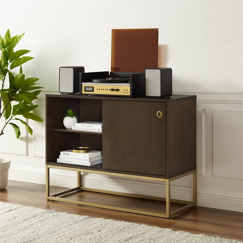 Crosley Furniture Byron MDF Wood and Steel Media Console in Dark Brown/Gold
