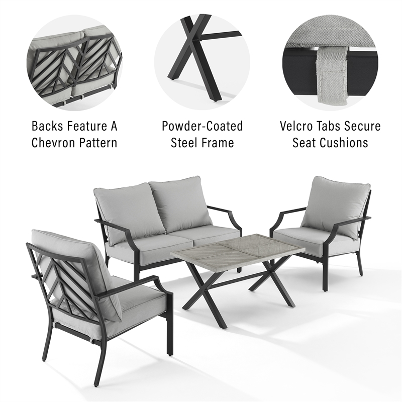 Crosley Furniture Otto 4-Piece Modern Metal Conversation Set in Gray/Matte Black