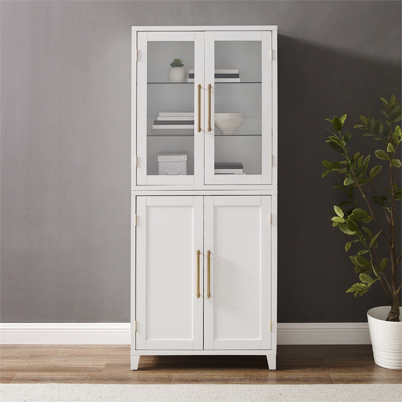 Crosley Furniture Roarke Wood Pantry Storage Cabinet w/ Glass Door Hutch - White