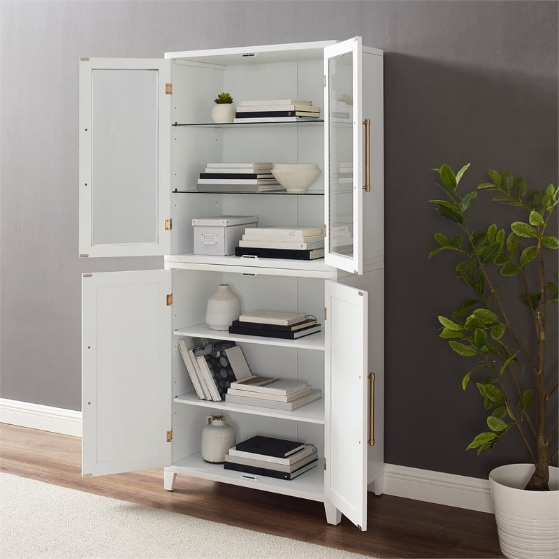 Crosley Furniture Roarke Wood Pantry Storage Cabinet w/ Glass Door Hutch - White