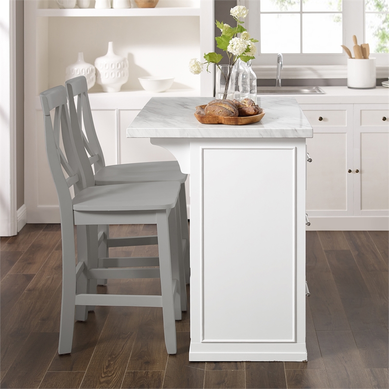 Crosley Furniture Cutler 3-Piece Wood Kitchen Island w/ X-Back Stools in White
