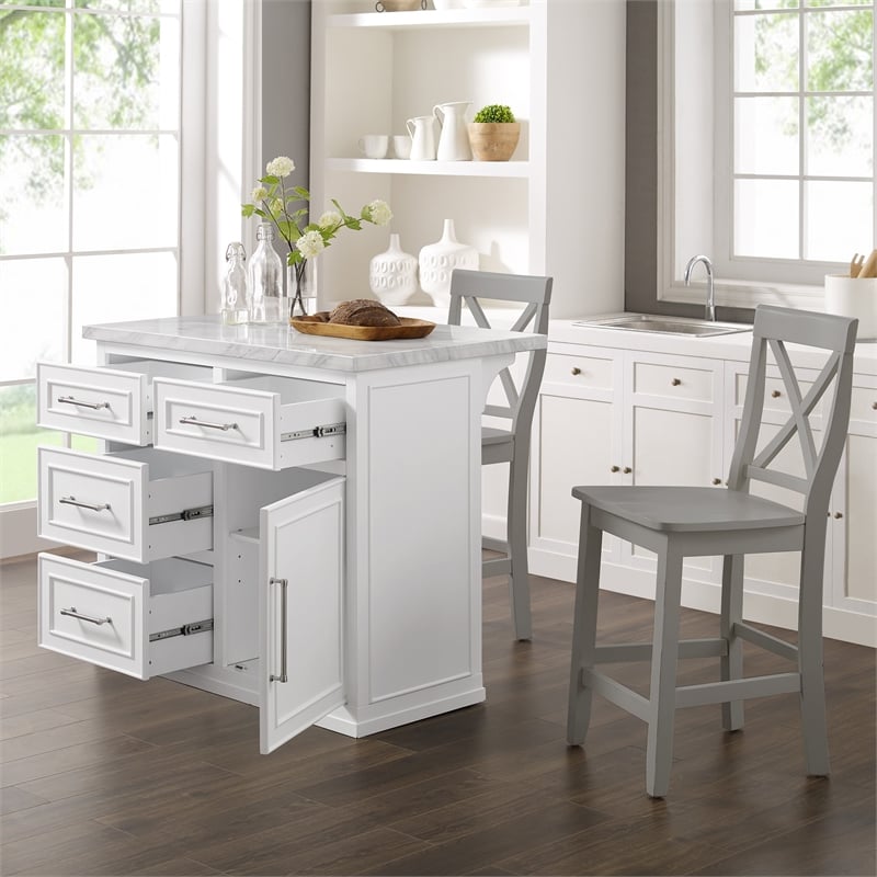 Crosley Furniture Cutler 3-Piece Wood Kitchen Island w/ X-Back Stools in White