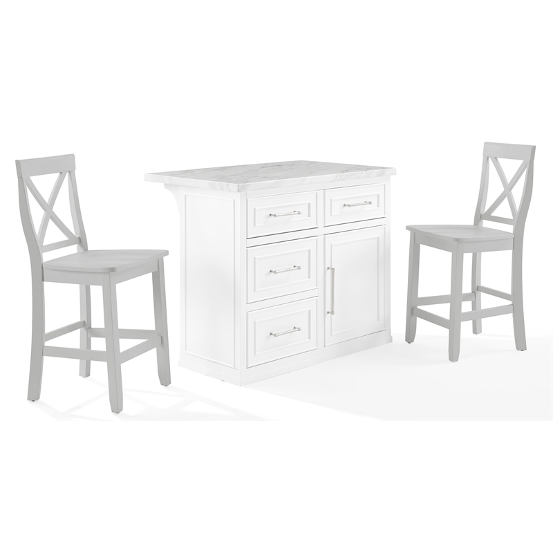 Crosley Furniture Cutler 3-Piece Wood Kitchen Island w/ X-Back Stools in White