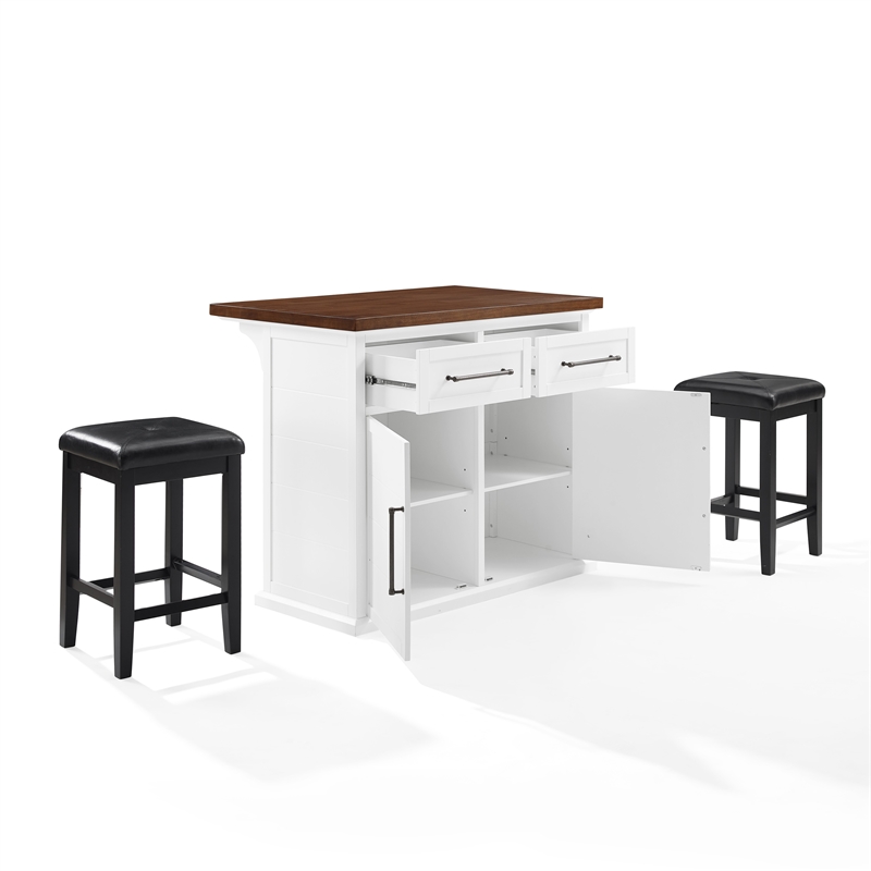 Crosley Furniture Bartlett 3-Piece Wood Kitchen Island w/ Square Stools in White