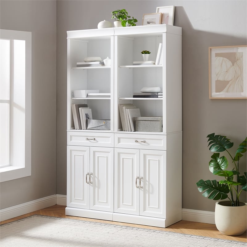 Crosley Furniture Stanton Wood Storage Bookcase Set in White (Set of 2)