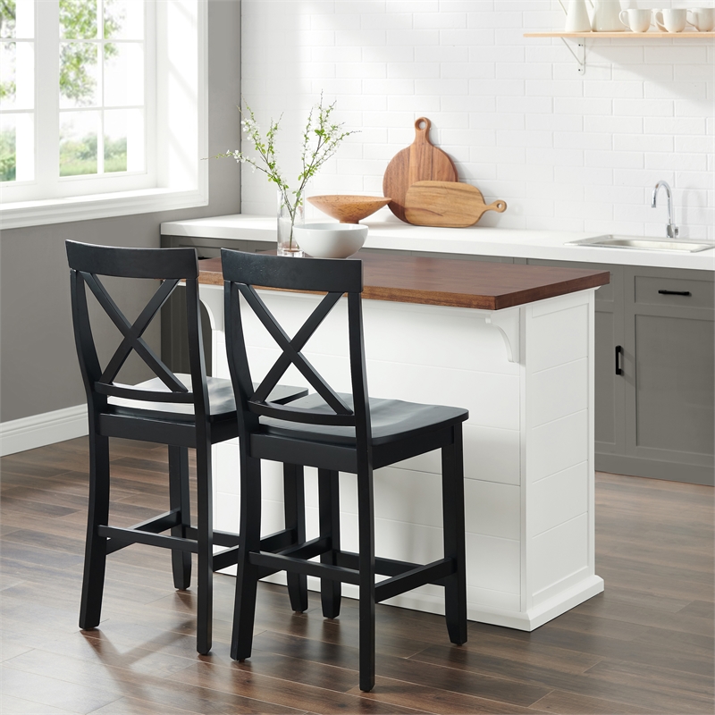 Crosley Furniture Bartlett 3-Piece Wood Kitchen Island w/ X-Back Stools in White