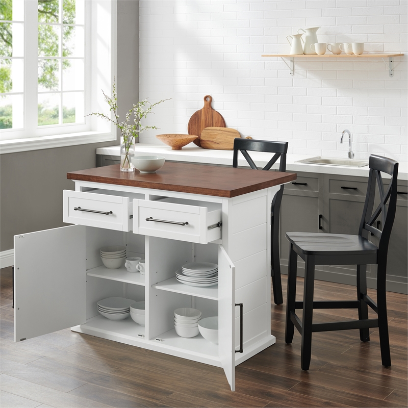 Crosley Furniture Bartlett 3-Piece Wood Kitchen Island w/ X-Back Stools in White