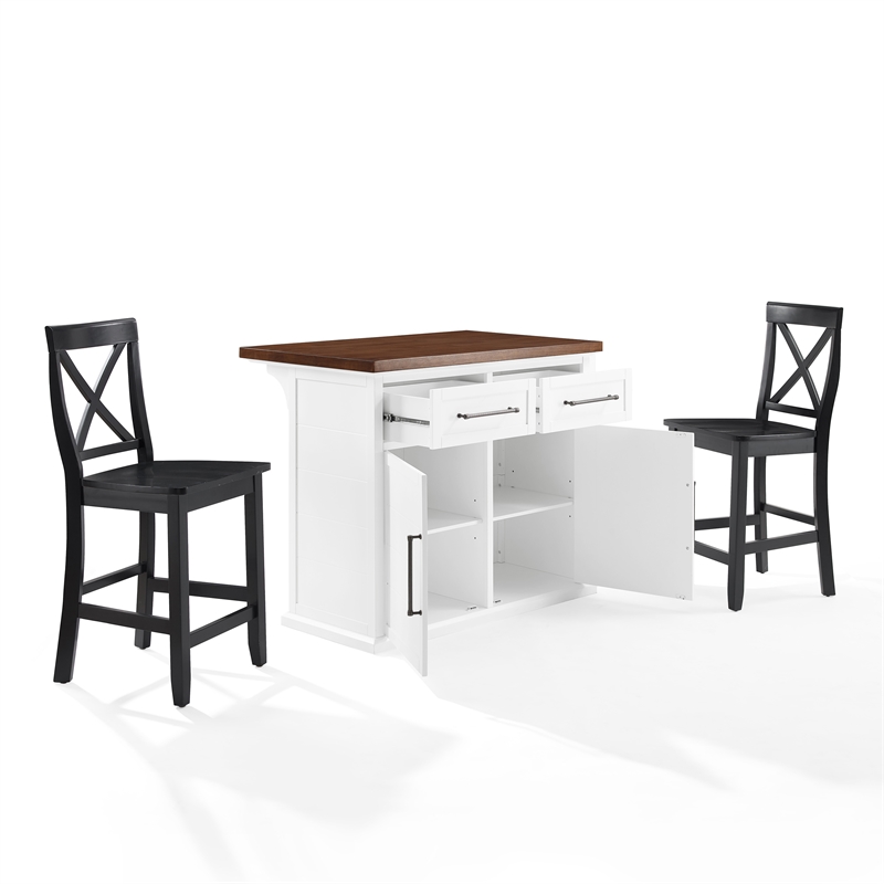 Crosley Furniture Bartlett 3-Piece Wood Kitchen Island w/ X-Back Stools in White