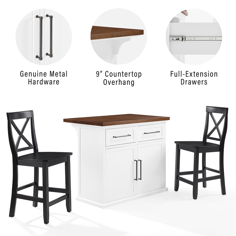 Crosley Furniture Bartlett 3-Piece Wood Kitchen Island w/ X-Back Stools in White