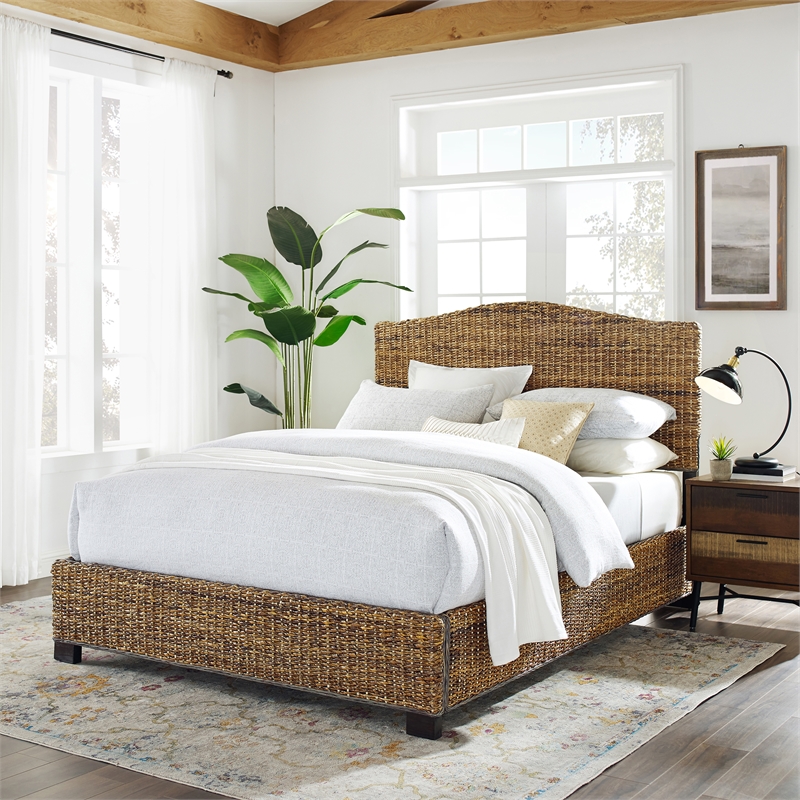 Crosley Furniture Serena Coastal Wood/Rattan King Size Platform Bed in Brown