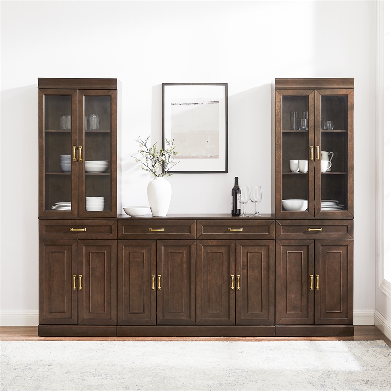 Crosley Furniture Stanton 3-Piece Sideboard And Glass Door Pantry Set in Coffee