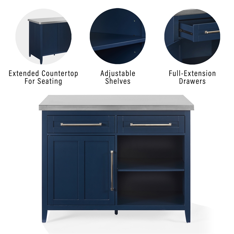 Crosley Furniture Silvia Stainless Steel Top Kitchen Island in Navy