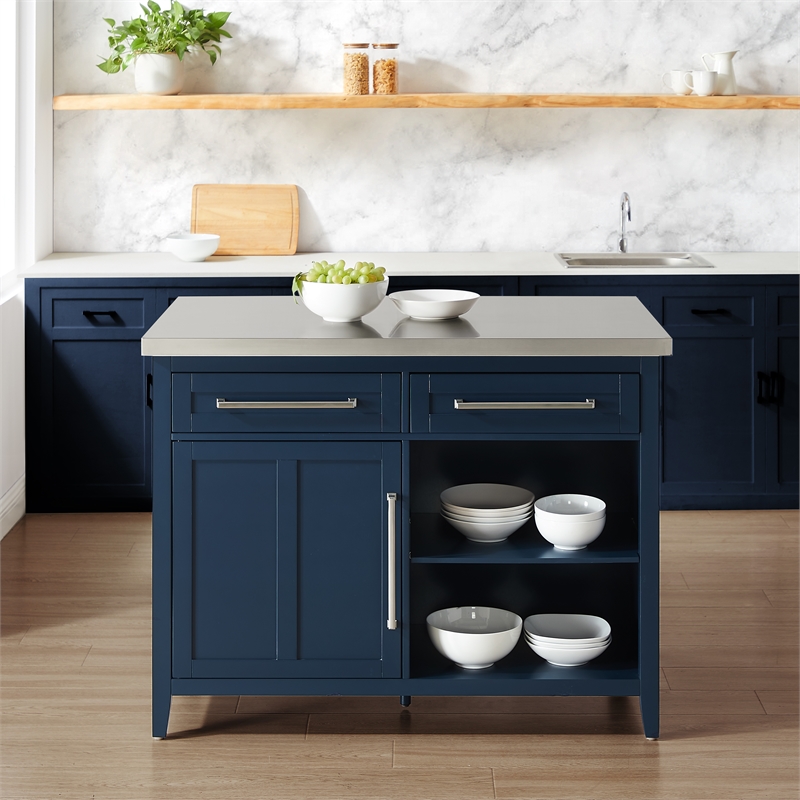 Crosley Furniture Silvia Stainless Steel Top Kitchen Island in Navy
