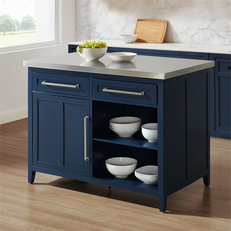 Crosley Furniture Silvia Stainless Steel Top Kitchen Island in Navy