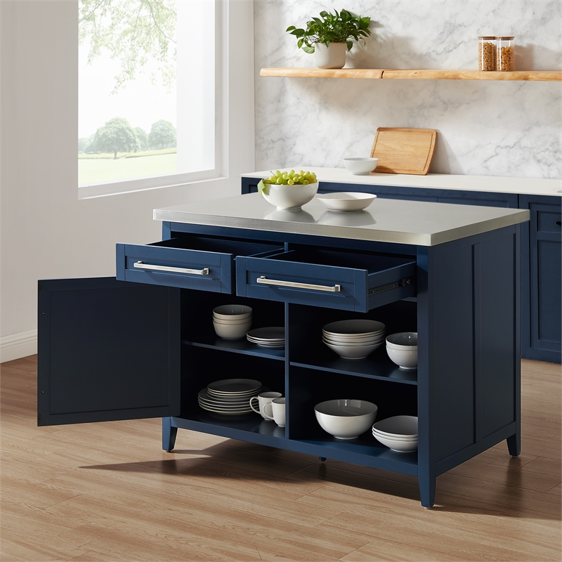 Crosley Furniture Silvia Stainless Steel Top Kitchen Island in Navy