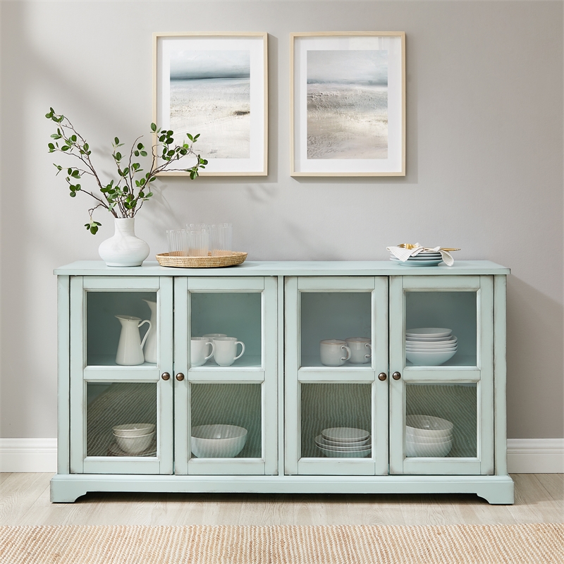 Crosley Furniture Holbrook Glass Door Sideboard in Distressed Seafoam Blue