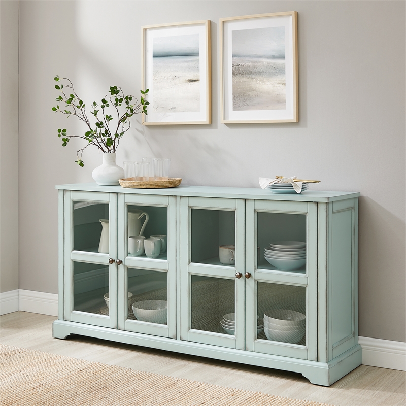 Crosley Furniture Holbrook Glass Door Sideboard in Distressed Seafoam Blue