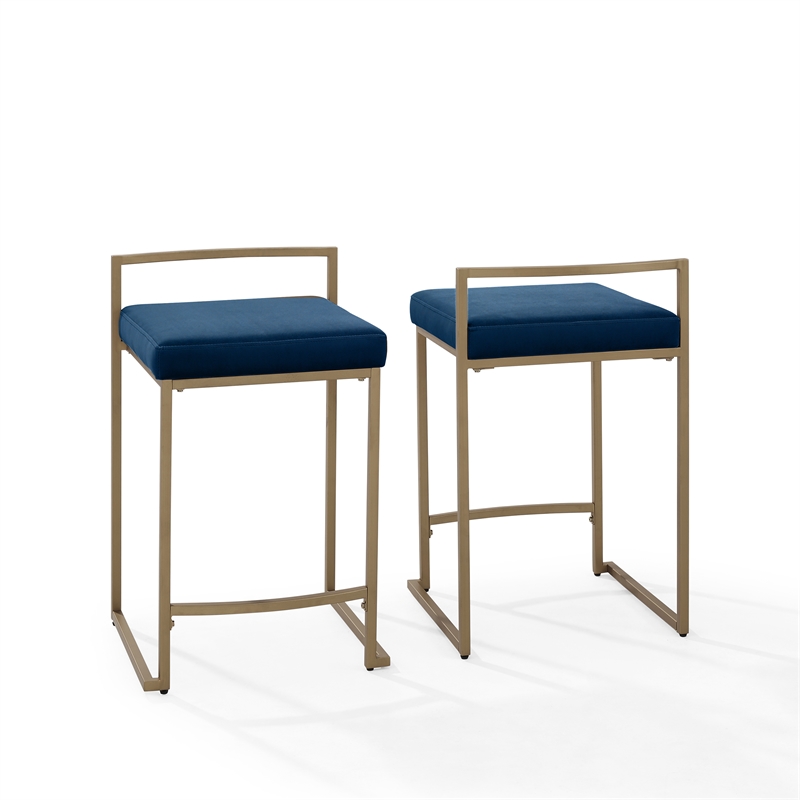 Crosley Furniture Harlowe 2-Piece Counter Height Bar Stool Set in Navy/Gold