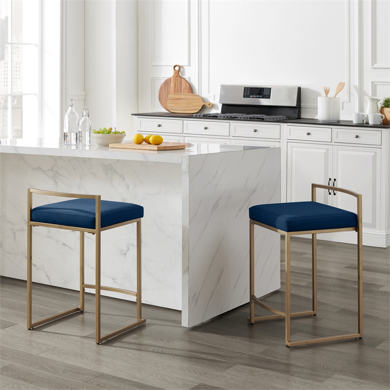 Crosley Furniture Harlowe 2-Piece Counter Height Bar Stool Set in Navy/Gold