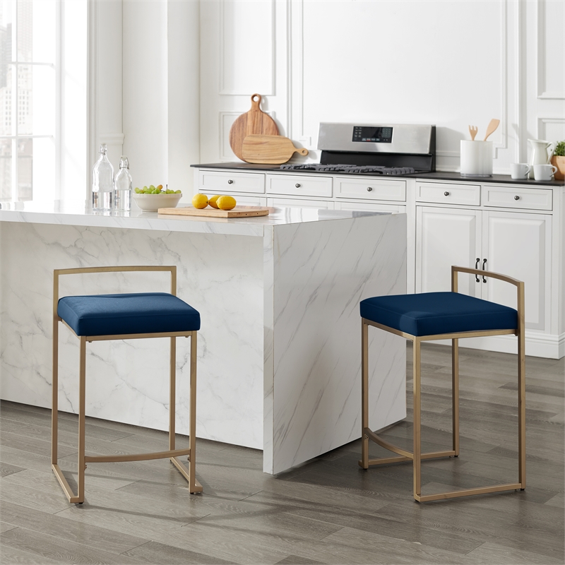 Crosley Furniture Harlowe 2-Piece Counter Height Bar Stool Set in Navy/Gold