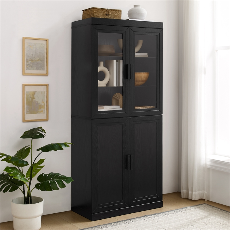 Crosley Furniture Essen Pantry Storage Cabinet With Glass Door Hutch in Black