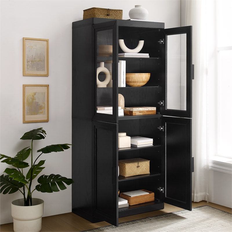 Crosley Furniture Essen Pantry Storage Cabinet With Glass Door Hutch in Black