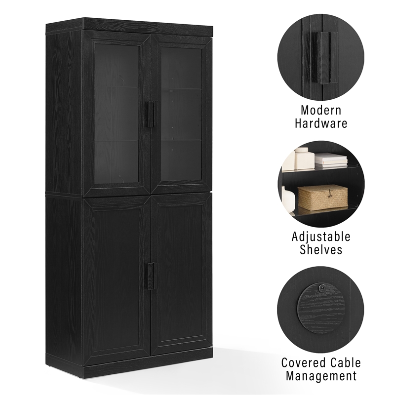 Crosley Furniture Essen Pantry Storage Cabinet With Glass Door Hutch in Black