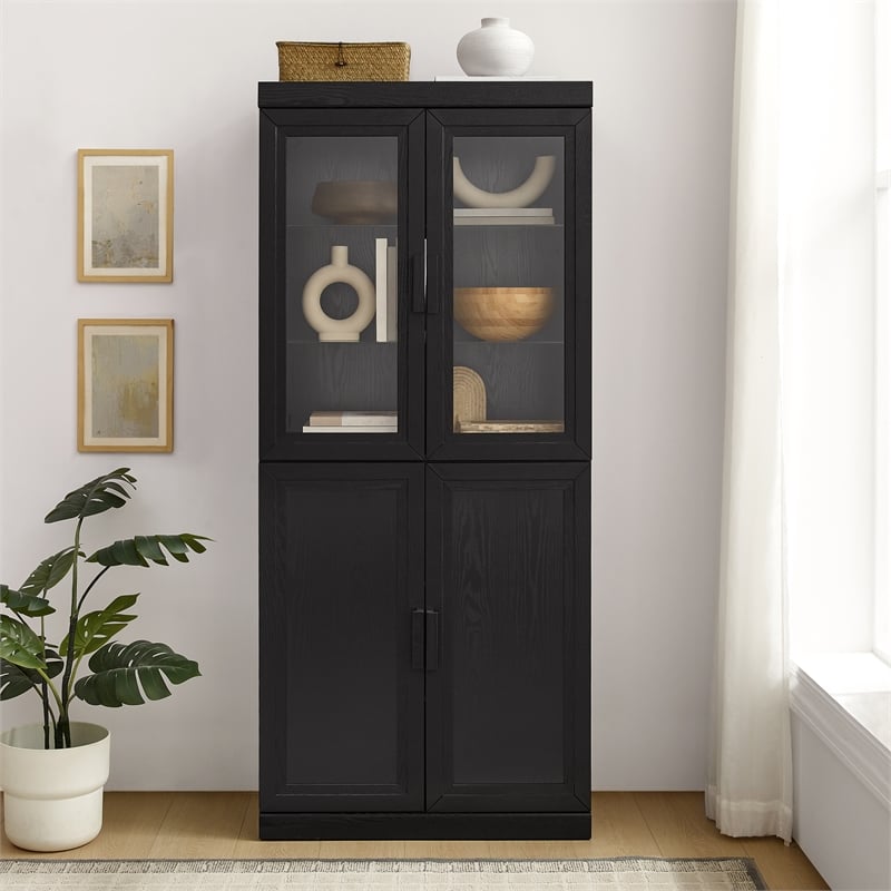 Crosley Furniture Essen Pantry Storage Cabinet With Glass Door Hutch in Black