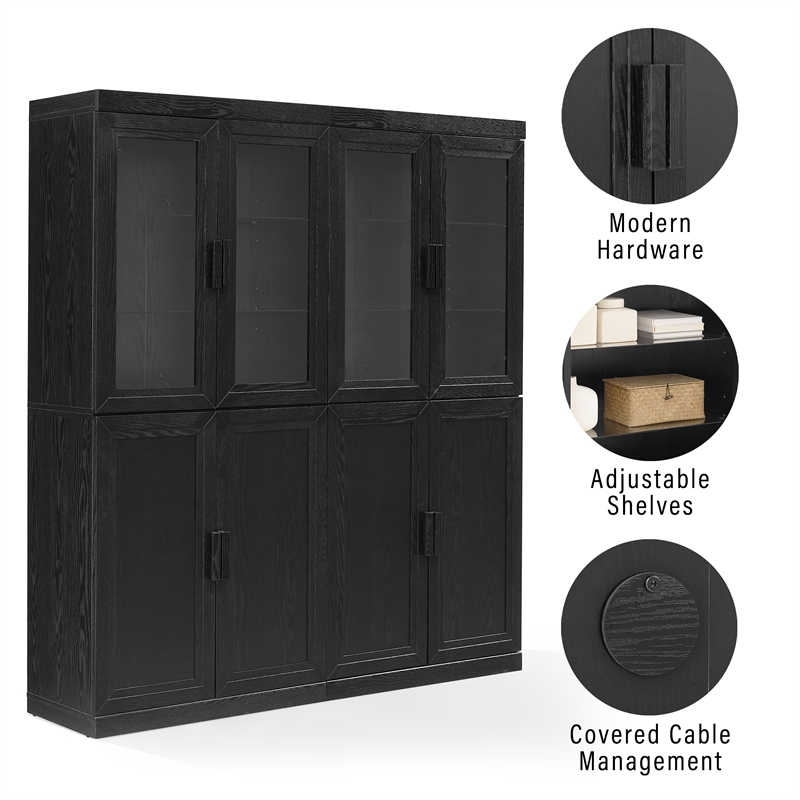 Crosley Furniture Essen 2Pc Pantry Storage Cabinet W/Glass Door Hutch in Black