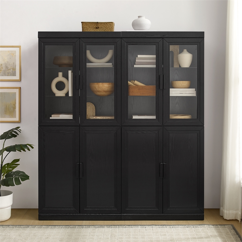 Crosley Furniture Essen 2Pc Pantry Storage Cabinet W/Glass Door Hutch in Black