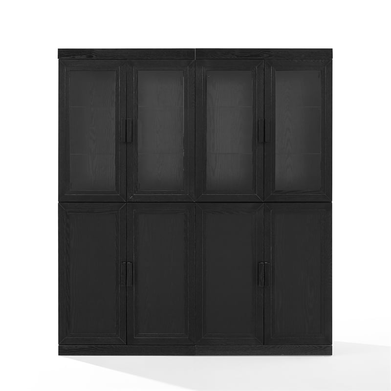 Crosley Furniture Essen 2Pc Pantry Storage Cabinet W/Glass Door Hutch in Black