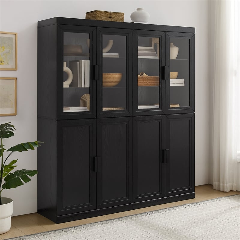 Crosley Furniture Essen 2Pc Pantry Storage Cabinet W/Glass Door Hutch in Black