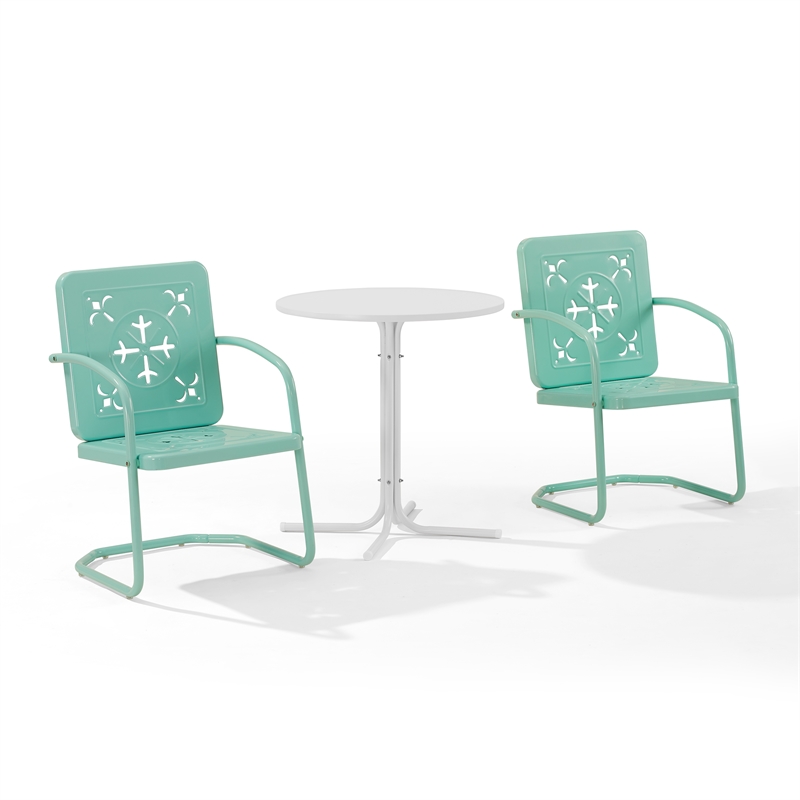 Crosley Furniture Azalea 3Pc Retro Outdoor Bistro Set in Aqua Gloss/White Satin