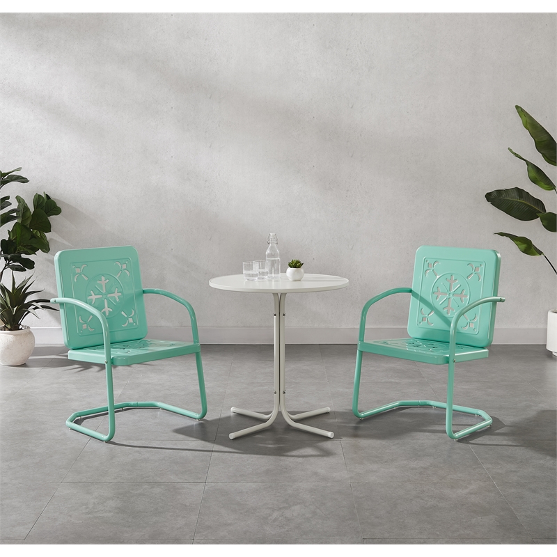 Crosley Furniture Azalea 3Pc Retro Outdoor Bistro Set in Aqua Gloss/White Satin
