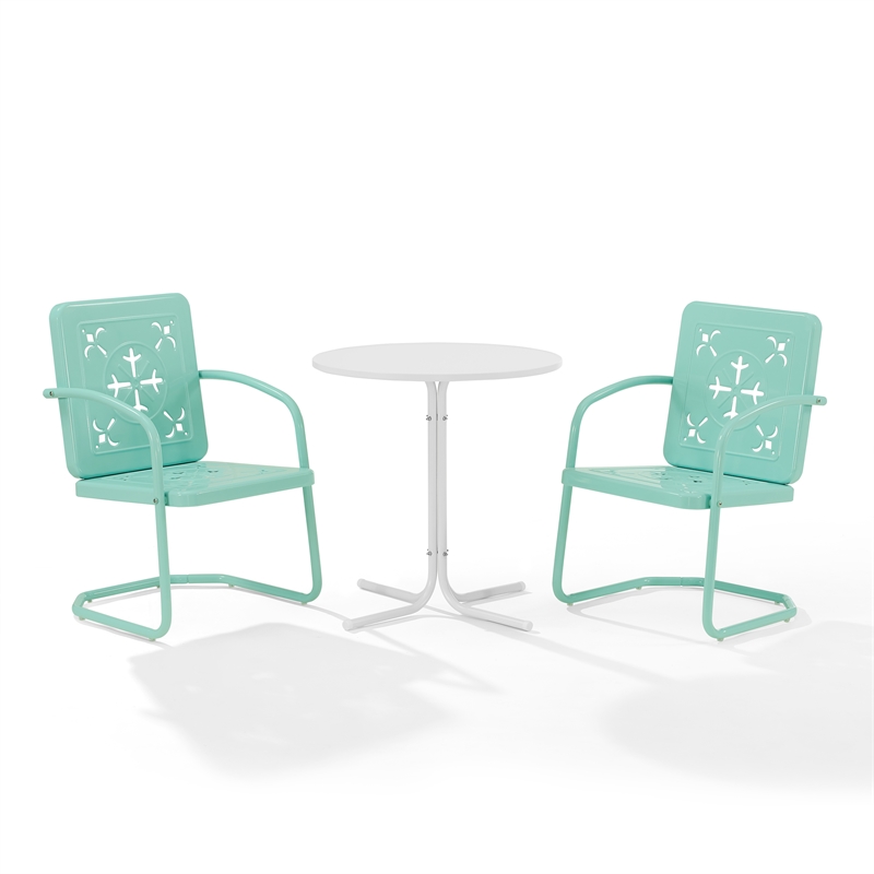 Crosley Furniture Azalea 3Pc Retro Outdoor Bistro Set in Aqua Gloss/White Satin