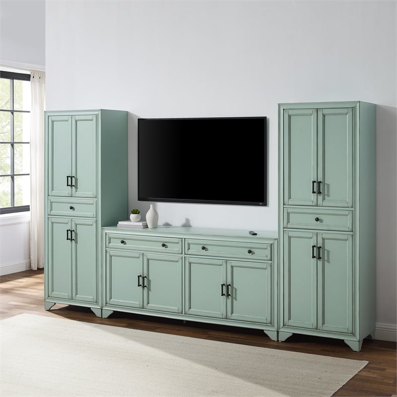 Crosley Furniture Tara 3Pc Sideboard And Pantry Set in Distressed Seafoam Blue