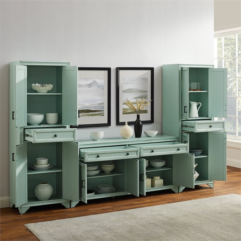 Crosley Furniture Tara 3Pc Sideboard And Pantry Set in Distressed Seafoam Blue
