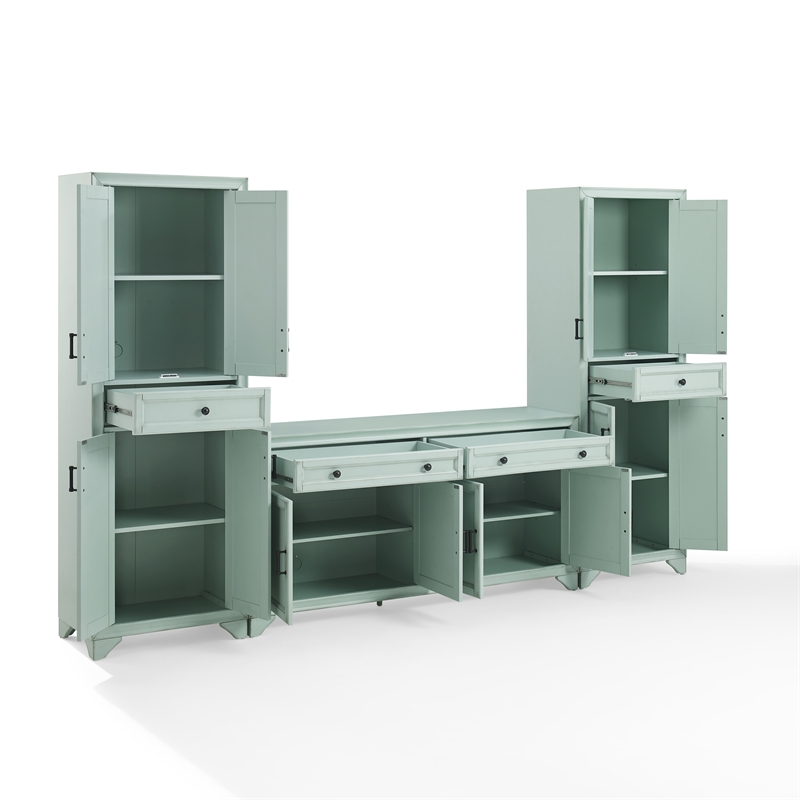 Crosley Furniture Tara 3Pc Sideboard And Pantry Set in Distressed Seafoam Blue