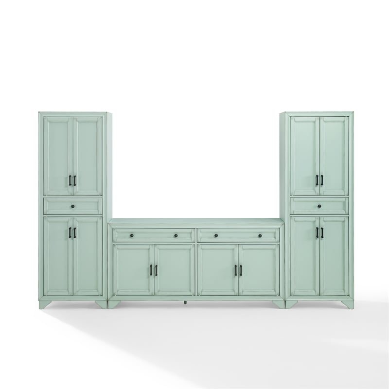 Crosley Furniture Tara 3Pc Sideboard And Pantry Set in Distressed Seafoam Blue
