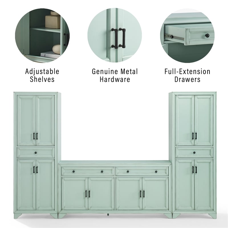 Crosley Furniture Tara 3Pc Sideboard And Pantry Set in Distressed Seafoam Blue