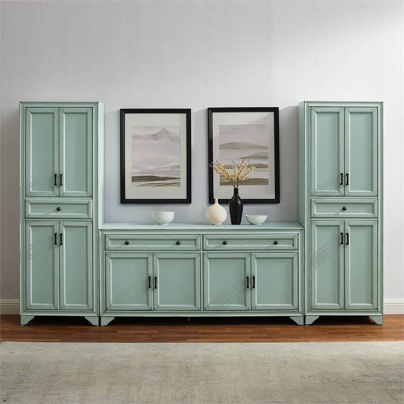 Crosley Furniture Tara 3Pc Sideboard And Pantry Set in Distressed Seafoam Blue