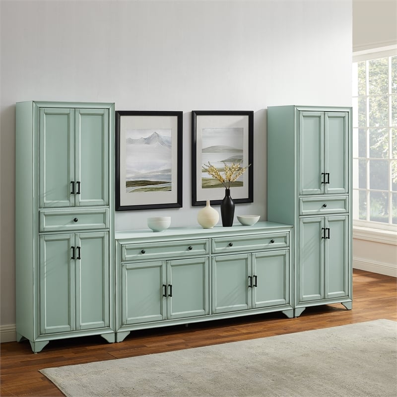Crosley Furniture Tara 3Pc Sideboard And Pantry Set in Distressed Seafoam Blue