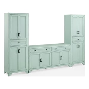 Crosley Furniture Tara 3Pc Sideboard And Pantry Set in Distressed Seafoam Blue