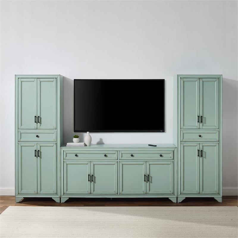 Crosley Furniture Tara 3Pc Sideboard And Pantry Set in Distressed Seafoam Blue