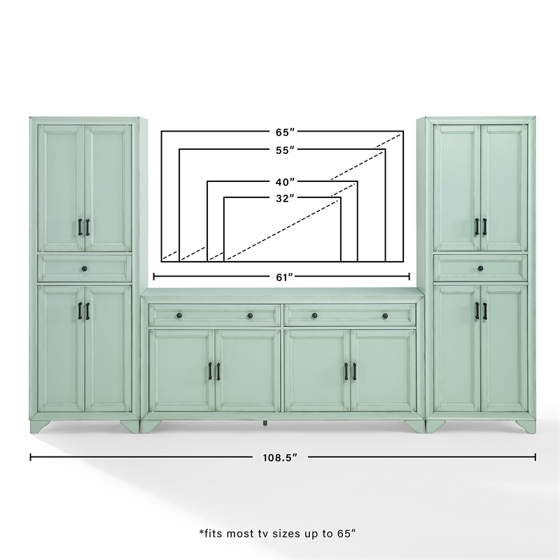 Crosley Furniture Tara 3-Piece Entertainment Center in Distressed Seafoam Blue