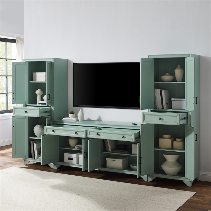 Crosley Furniture Tara 3-Piece Entertainment Center in Distressed Seafoam Blue