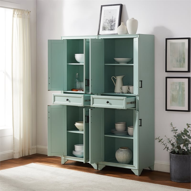 Crosley Furniture Tara 2Pc Kitchen Storage Pantry Set in Distressed Seafoam Blue