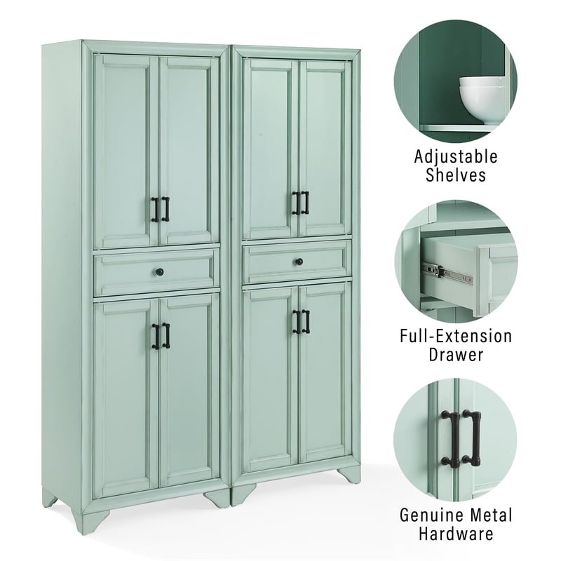 Crosley Furniture Tara 2Pc Kitchen Storage Pantry Set in Distressed Seafoam Blue