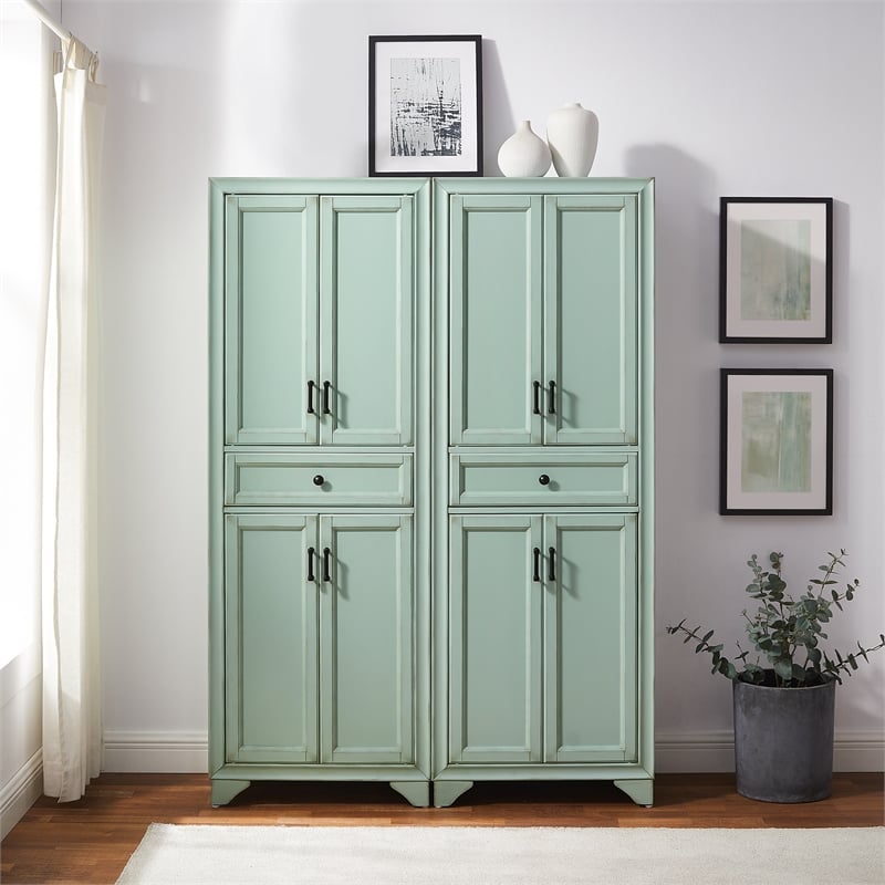 Crosley Furniture Tara 2Pc Kitchen Storage Pantry Set in Distressed Seafoam Blue